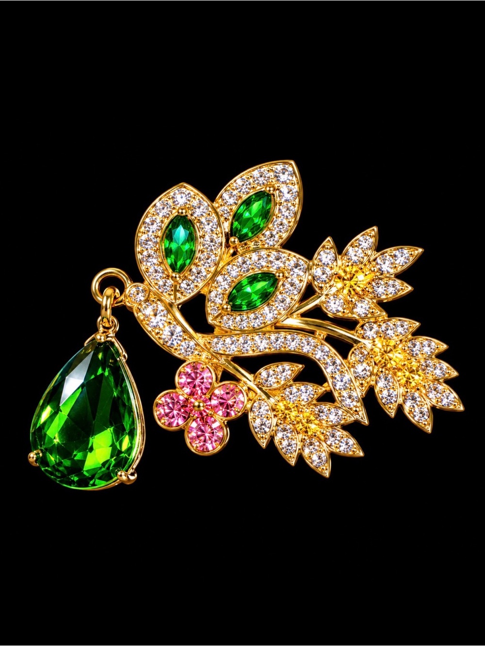Gold-Tone Brooch with Green Crystal Drop and Multicolor Accents